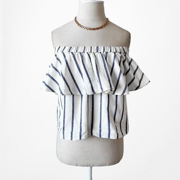 Topshop White Off Shoulder Ruffle Striped Top Size XS - Picture 4 of 7